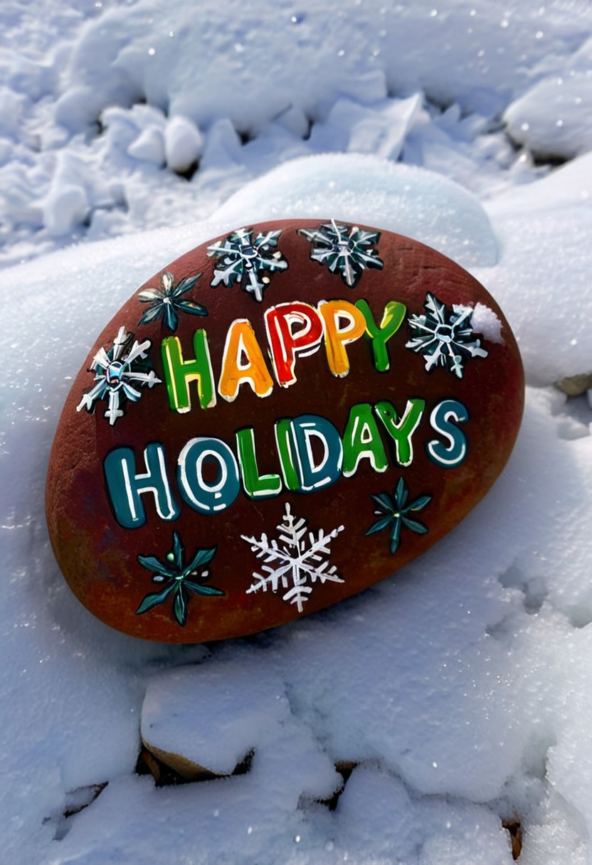 Happy stones. a colorfully painted stone, with white snowflakes and a text that reads: "HAPPY HOLIDAYS" The stone is lying in the snow.( Low view:2)