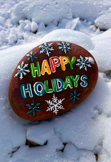 Happy stones. a colorfully painted stone, with white snowflakes and a text that reads: "HAPPY HOLIDAYS" The stone is lying in the snow.( Low view:2)