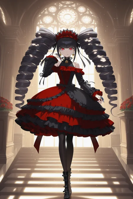 anime screencap, masterpiece, best quality, amazing quality, very aesthetic, absurdres,  newest, (scenery, volumetric lighting),
celestia ludenberg, official style, 10th aniversary attire, 1girl, solo, long hair, looking at viewer, smile, bangs, mansion, black hair, hair ornament, red eyes, long sleeves, mosaic, dress, bare shoulders, black legwear, very long hair, standing, full body, flower, pantyhose, bell earrings, boots, cape, frills, detached sleeves, alternate costume, hand up, blunt bangs, off shoulder, nail polish, black footwear, black dress, drill hair, red dress, frilled dress, two tone dress, red flower, black nails, veil, red nails, off-shoulder dress, gothic fashion, layered dress, claw ring, dappled sunlight, light particles, 
<lora:Celestia_IL:0.8>