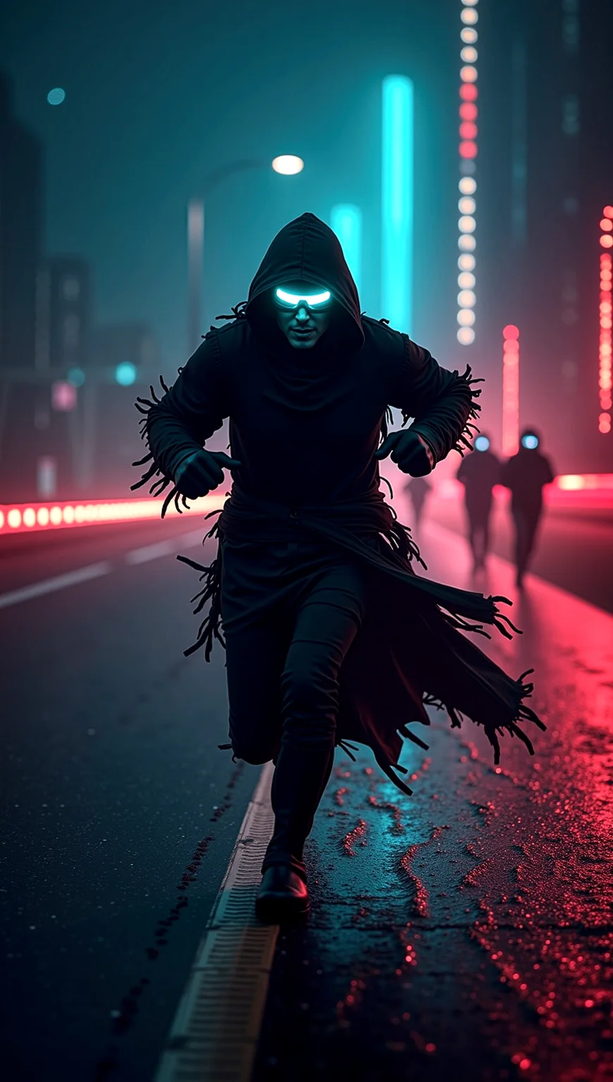 photorealistic image of a cloaked figure wearing glowing goggles, sprinting down a digital highway, trailing neon light behind, dark tattered robes flowing dynamically, pursued by digital sentries, midnight setting with high-speed action, ultra-high-definition textures, cinematic composition, cyberpunk theme, motion blur, intense light trails, thrilling atmosphere, highly detailed and accurate portrayal, photorealistic rendering.
cinematic scene, cinematic lighting, intricate detail skin and facial texture, lifelike expression, accurate character design, extremely complex dynamic pose, interesting and complex background details, intricate vegetation details, perfect hands and fingers, correct body anatomy, complex realism,