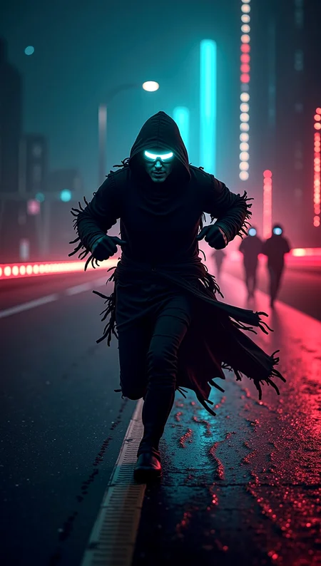 photorealistic image of a cloaked figure wearing glowing goggles, sprinting down a digital highway, trailing neon light behind, dark tattered robes flowing dynamically, pursued by digital sentries, midnight setting with high-speed action, ultra-high-definition textures, cinematic composition, cyberpunk theme, motion blur, intense light trails, thrilling atmosphere, highly detailed and accurate portrayal, photorealistic rendering.
cinematic scene, cinematic lighting, intricate detail skin and facial texture, lifelike expression, accurate character design, extremely complex dynamic pose, interesting and complex background details, intricate vegetation details, perfect hands and fingers, correct body anatomy, complex realism,
