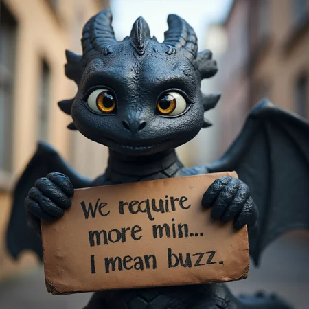 A realistic happy black dragon with wings is looking at the viewer, he is holding a sign that says "we require more min...i mean buzz", detailmaximizer
