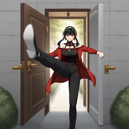 score_9, score_8_up, score_7_up, score_6_up, score_5_up, score_4_up, zPDXL2,source_anime,rating_questionable, 1girl, solo, cowboy shot, smile, outdoors, doorway, Yor Briar <lora:doorkick:0.8> drk1ck, kicking, open door, action lines, motion blur