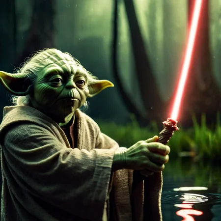 cinematic film still of <lora:Yoda:1.2>
Yoda a creepy creature with red eyes holding a stick in his hand in the dark swamp with moon light ray behind in background In Star Wars Universe, shallow depth of field, vignette, highly detailed, high budget, bokeh, cinemascope, moody, epic, gorgeous, film grain, grainy