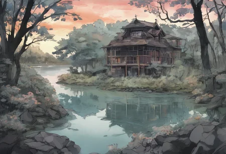 *Channel_42*
*The background for a new anime horror sci-fi visual novel*
*Watercolor* *Charcoal* *Stencil* *1920s* *Colorized* 
*clearing* *lake*
*Evening* *Spring* *Clear*