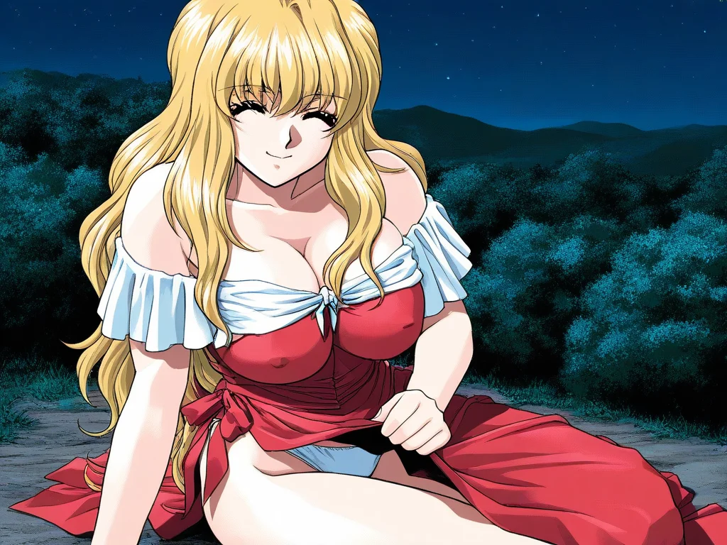 general,highres, ultra-detailed,very aesthetic,best quality ,best hands, BREAK <lora:Sayless_YU-NO_IS:1>
Sayless(YU-NO), 1girl,solo, blonde hair, long hair, large breasts, closed eyes, happy,
underwear, panties, white panties, dress, outdoors, nature, bare shoulders, sitting, looking at viewer, off shoulder,
night,