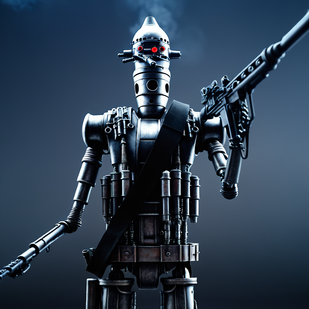 cinematic film still of  <lora:IG-88:1>
IG-88 droid a robot with a gun and a helmet In Star Wars Universe, solo, weapon, grey background, gun, military, gradient background, no humans, robot, rifle, science fiction, realistic, machine gun, humanoid robot
, shallow depth of field, vignette, highly detailed, high budget, bokeh, cinemascope, moody, epic, gorgeous, film grain, grainy
