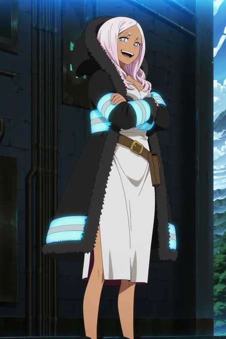 anime screencap, anime coloring, detailed face, masterpiece, best quality, very aesthetic, absurdres, official style, amazing quality, ultra detailed, highres, amazing quality, scenery, beautiful detailed hair, beautiful detailed eyes,
<lora:StS-Illustrious-Detail-Slider-v1.0:4>
girl is 20 years old,
<lora:Hibana_Fire_Force:1>
Fire force outfit, Hibana (character), 1girl, solo,
dark-skinned female, long hair, pink hair, symbol-shaped pupils, blue eyes,
high heels, coatstanding, black footwear, neon trim, crossed arms, open mouth, hood, fur trim,
looking at the viewer, smile