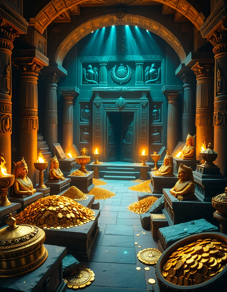 A hidden treasure chamber deep within an ancient temple, illuminated by the warm golden glow of torches and mystical blue light from enchanted crystals. The room is filled with piles of gold coins, jewel-encrusted goblets, and ancient artifacts covered in dust. Massive stone statues of forgotten deities guard the chamber, their eyes glowing faintly as if watching intruders. In the center, a grand pedestal holds a legendary artifact—an ornate golden crown encrusted with emeralds and sapphires, shimmering with an otherworldly aura. The walls are adorned with intricate carvings depicting lost civilizations, and creeping vines hint at centuries of abandonment. The atmosphere is mystical and slightly eerie, with a sense of both wonder and danger. The air is thick with the scent of aged parchment and burning incense, adding to the chamber’s ancient and mysterious feel. Cinematic lighting with dramatic shadows enhances the depth and richness of the scene, creating a visually stunning and immersive environment.
<lora:SDXLFaeTastic2400:0.4> <lora:extremely_detailed:0.4> extremely detailed, <lora:treasure_ch4mb3r:1>,treasure ch4mb3r, Masterpiece,best quality,hi res,8k,hi res,8k,award winning,(sharp focus, intricate, highly detailed),