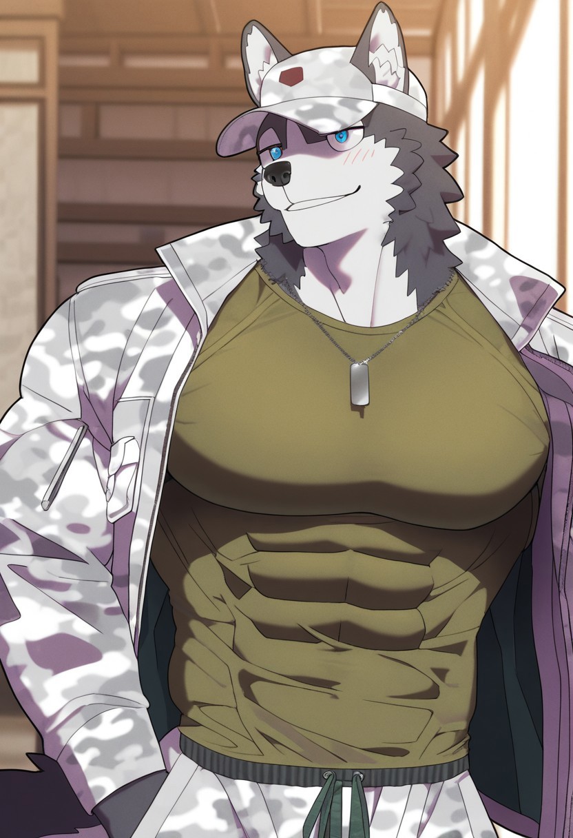 BREAK masterpiece, amazing quality, best quality, high res, HD, 8K, intricate details, Extremely detailed, detailed eyes, solo, male focus, beautiful, very aesthetic, hyper-detailed, cinematic lighting,  beautiful vibrant colors, furry male, furry,  <lora:ConnorV1:1>, ConnorDT, dog boy, husky, grey fur, short hair, blue eyes, wolf tail, muscular, bara, soft shading, athletic build, green shirt, white camo pants, jacket, cap, face focus, upper body, portrait, smile
