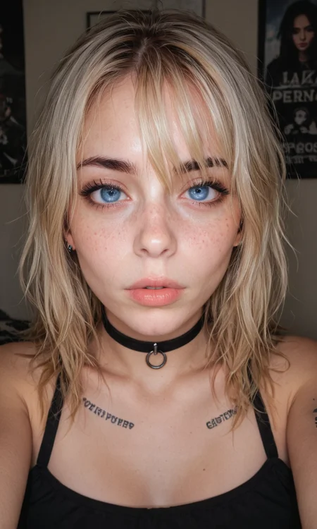 4k selfie with a crazy expression, goth girl, deep focus, split-diopter lens, focus on her eyes, choker, cluttered bedroom, posters on walls, warm lighting, long shaggy blonde, bangs between eyes, dark blue eyes, freckles, blush, natural lips, natural eyes, messy hair, black eyebrows, piercings, tattoo, taking a selfie, bent forward,