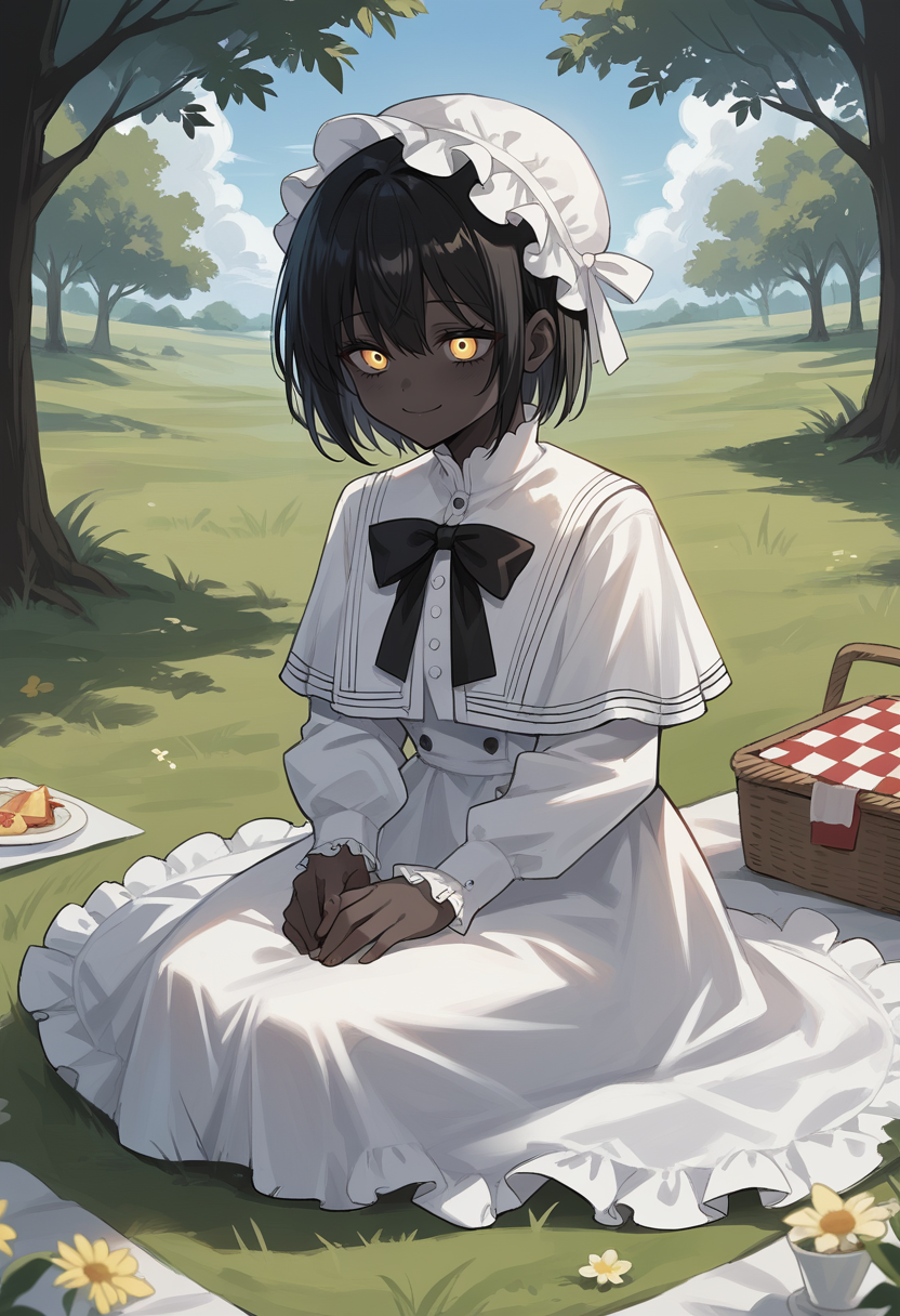 masterpiece, best quality, uncensored, source_anime, score_9, score_8_up, score_7_up, score_6_up, score_5_up, score_4_up, 1girl, solo, theprincess, dark-skinned female, very dark skin, black hair, short hair, yellow eyes, white dress, long sleeves, capelet, black bow, frilled hat, smile, outdoors, grass, picnic, tree, sitting <lora:ThePrincess:0.8>
