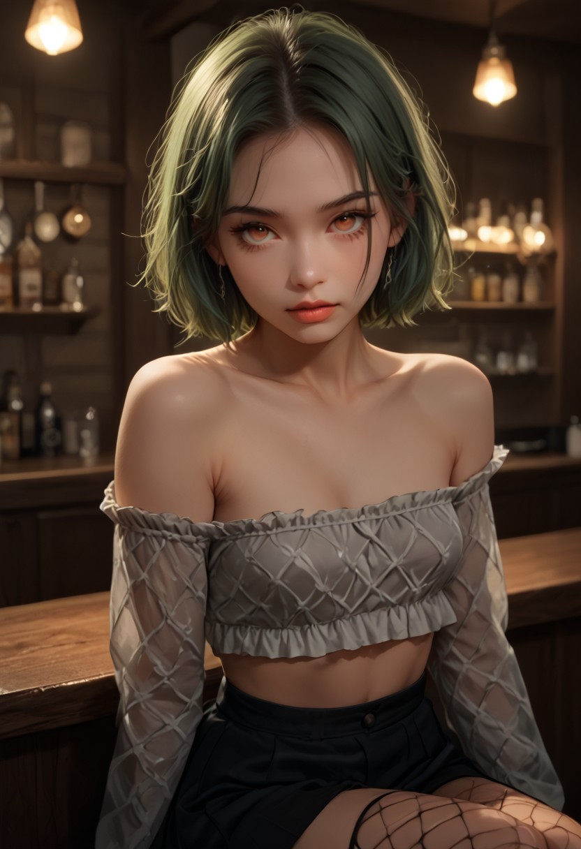 <lora:fuu-shippuden-anime-ponyxl-lora-nochekaiser:0.8>, sexy body, small breasts, fuu, short hair, hair ornament, orange eyes, hair clip, sea green hair, skirt, belly button, detachable sleeves, stomach, crop top, fishnets, off shoulder, collarbone, solo, bar, sitting at the counter, drunk, rear view <lora:cutesexyronutts_style_xl:0.5> <lora:detailed_hands:1> <lora:Expressive_H:1>, score_9, score_8_up, score_7_up