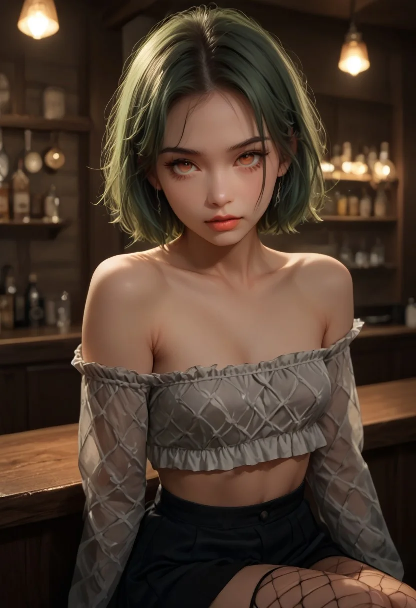 <lora:fuu-shippuden-anime-ponyxl-lora-nochekaiser:0.8>, sexy body, small breasts, fuu, short hair, hair ornament, orange eyes, hair clip, sea green hair, skirt, belly button, detachable sleeves, stomach, crop top, fishnets, off shoulder, collarbone, solo, bar, sitting at the counter, drunk, rear view <lora:cutesexyronutts_style_xl:0.5> <lora:detailed_hands:1> <lora:Expressive_H:1>, score_9, score_8_up, score_7_up