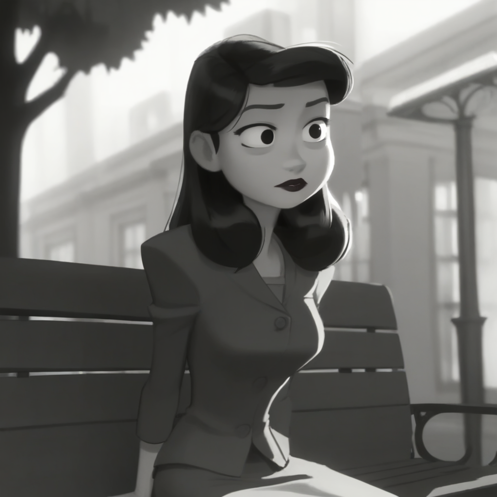 score_9_up, score_8_up, BREAK, MegGirl, monochrome, greyscale, 1girl, solo, long hair, black eyes, lipstick, suit, long skirt, <lora:MegPapermanGirl_WaltDisneyShortFilm_Leaf1-000010:1>, sitting on bench, park, arms at sides,