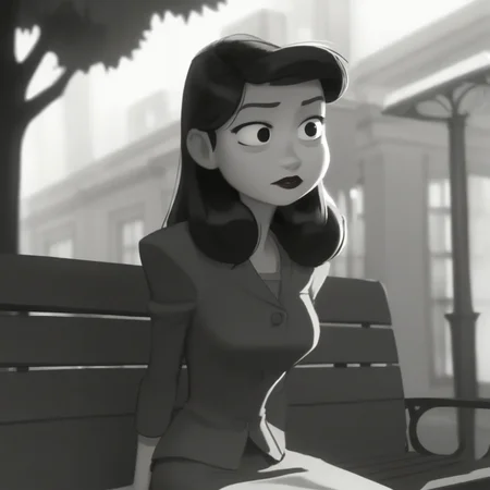 score_9_up, score_8_up, BREAK, MegGirl, monochrome, greyscale, 1girl, solo, long hair, black eyes, lipstick, suit, long skirt, <lora:MegPapermanGirl_WaltDisneyShortFilm_Leaf1-000010:1>, sitting on bench, park, arms at sides,