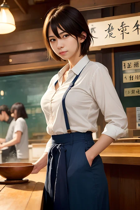 modelshoot style, (extremely detailed CG unity 8k wallpaper), full shot body photo of the most beautiful artwork in the world, beautiful young woman, ((ramen shop)), professional majestic impressionism oil painting by Waterhouse, John Constable, Ed Blinkey, Atey Ghailan, Studio Ghibli, by Jeremy Mann, Greg Manchess, Antonio Moro, intricate, High Detail, dramatic, makoto shinkai kyoto, animation key art
