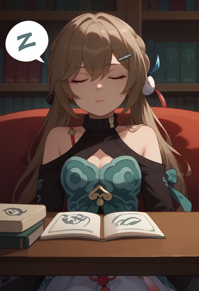 score_9, score_8_up, score_7_up, source_anime, 1girl, qingquedef, closed eyes, brown hair, long hair, twintails, braid, hair ornament, hairclip, small breasts, bare shoulders, shoulder cutout, clothing cutout, cleavage cutout, turtleneck, dress, long sleeves, skirt, tassel, mahjong tile, sitting, on chair, table, head on pillow, pillow, closed mouth, sleeping, spoken zzz, zzz, dreaming, looking at viewer, indoors, library, portrait, close-up, upper body, facing viewer, <lora:Qingque_v1-000010:1>