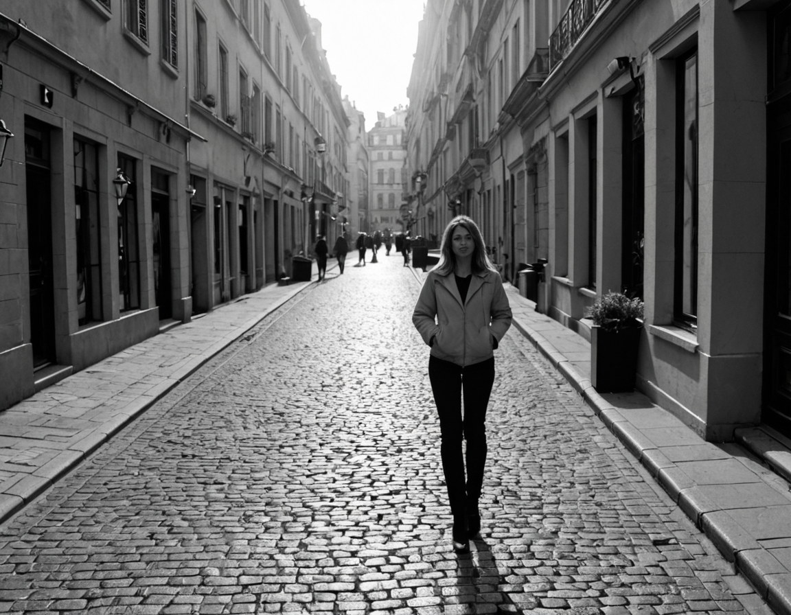score_9, score_8_up, score_7_up, score_6_up, A realistic black and white photgraph of an older woman confidently standing in a Parisian street looking like a supermode. The image has a soft grain texture, and a dreamy grayscale bokeh effect. The glow of streetlights reflects off the cobblestone street, with subtle lens flare and organic imperfections. The scene feels timeless, evoking a nostalgic PHOTOG photograph. The image is designed for perfect desktop aesthetics, with an immersive and balanced composition in an elegant black-and-white artistic style. 

