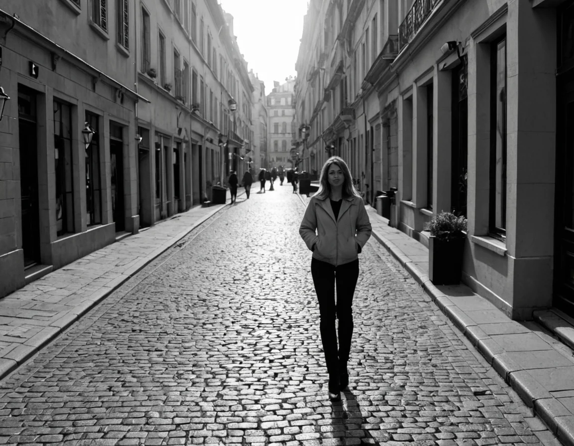score_9, score_8_up, score_7_up, score_6_up, A realistic black and white photgraph of an older woman confidently standing in a Parisian street looking like a supermode. The image has a soft grain texture, and a dreamy grayscale bokeh effect. The glow of streetlights reflects off the cobblestone street, with subtle lens flare and organic imperfections. The scene feels timeless, evoking a nostalgic PHOTOG photograph. The image is designed for perfect desktop aesthetics, with an immersive and balanced composition in an elegant black-and-white artistic style.