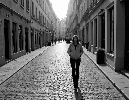 score_9, score_8_up, score_7_up, score_6_up, A realistic black and white photgraph of an older woman confidently standing in a Parisian street looking like a supermode. The image has a soft grain texture, and a dreamy grayscale bokeh effect. The glow of streetlights reflects off the cobblestone street, with subtle lens flare and organic imperfections. The scene feels timeless, evoking a nostalgic PHOTOG photograph. The image is designed for perfect desktop aesthetics, with an immersive and balanced composition in an elegant black-and-white artistic style. 
