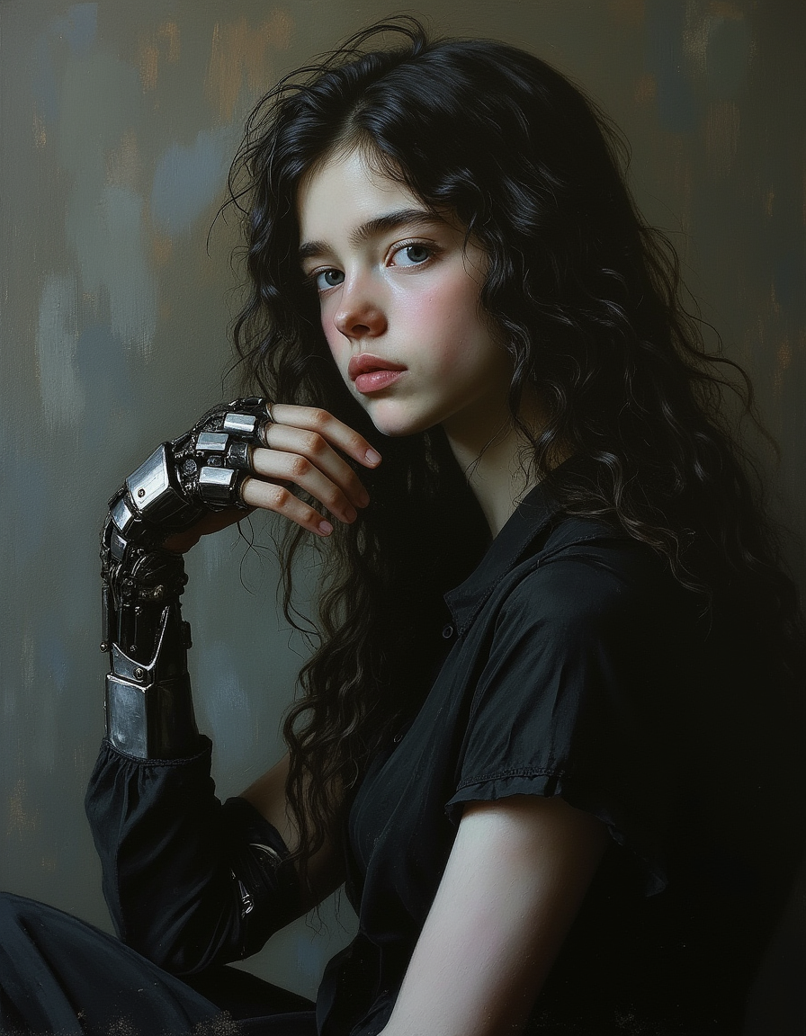 Masterpiece, high quality, Oil Painting, Porcelain young teen robot android, with robotic arms and hands, posing for a painting. Minimalist. Masterpiece, intricate lines, intriguing atmosphere, sharp magnificent details, delicate features, elaborate details, (2\3 rule composition:0.5), ultra detailed, romantic, Rembrandt lighting, brush stroke, lovely, del1cate_balance style, in the style of Rembrandt. vantablack <lora:style_of_Rembrandt_FLUX_135:.8> <lora:- Flux1 - vanta_black_V2.0:.8> <lora:Delicate_Balance:.3> <lora:neeeg_f1:-1>
