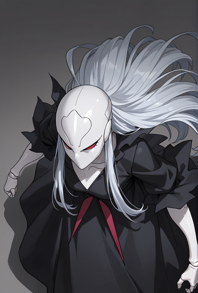 Smooth Quality,masterpiece,very intricate, high quality details, ultra realistic, high detailed skin,detailed enviorement,absurdres,
simple background, white background, 
from above,angry, narrowed eyes, clenched teeth,,solo,
 <lora:Berettacnn:0.8>  beretacnn,1girl, long hair,red eyes, (mask:1.1), black dress,silver hair, doll joints, no humans, no mouth,