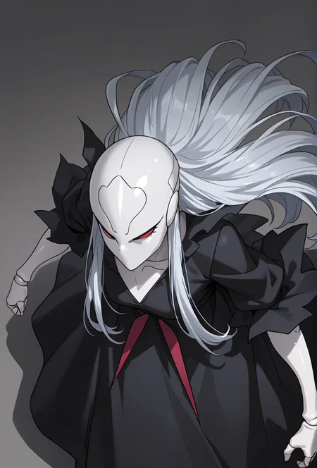 Smooth Quality,masterpiece,very intricate, high quality details, ultra realistic, high detailed skin,detailed enviorement,absurdres,
simple background, white background, 
from above,angry, narrowed eyes, clenched teeth,,solo,
 <lora:Berettacnn:0.8>  beretacnn,1girl, long hair,red eyes, (mask:1.1), black dress,silver hair, doll joints, no humans, no mouth,