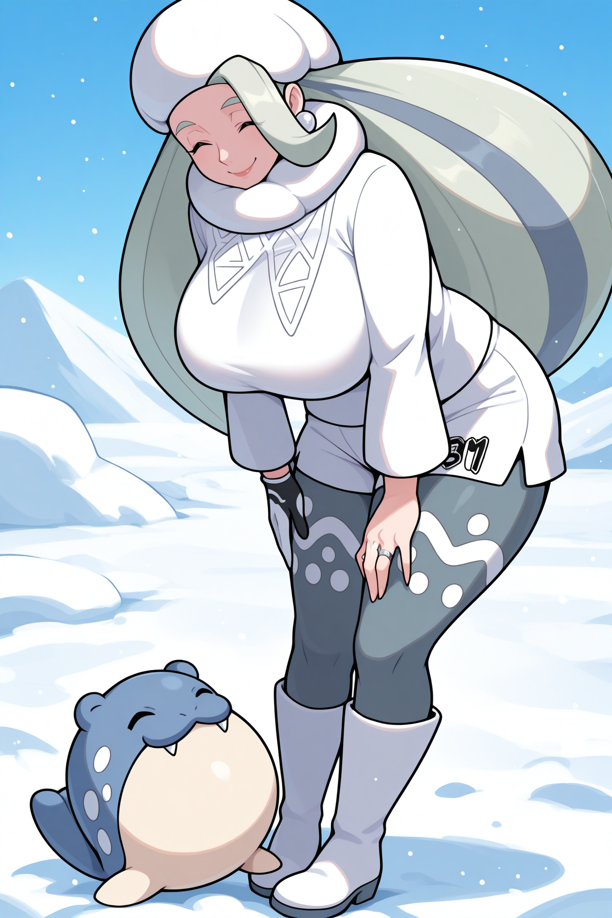 masterpiece, best quality, snow, blue sky, 1girl,  <lora:pkmnmelony-illu-nvwls-v1-000006:1> m3ln, multicolored hair, very long hair, light green hair, grey hair, mature female, huge breasts, fur hat, white headwear, pearl earrings, white neck pillow, white sweater, white shorts, single glove, grey leggings, print legwear, white boots, wedding ring, curvy, leaning forward, looking down, happy, closed eyes, smile, ^_^, looking at another, from side, full body, holding PKMN_Spheal <lora:Spheal:1>