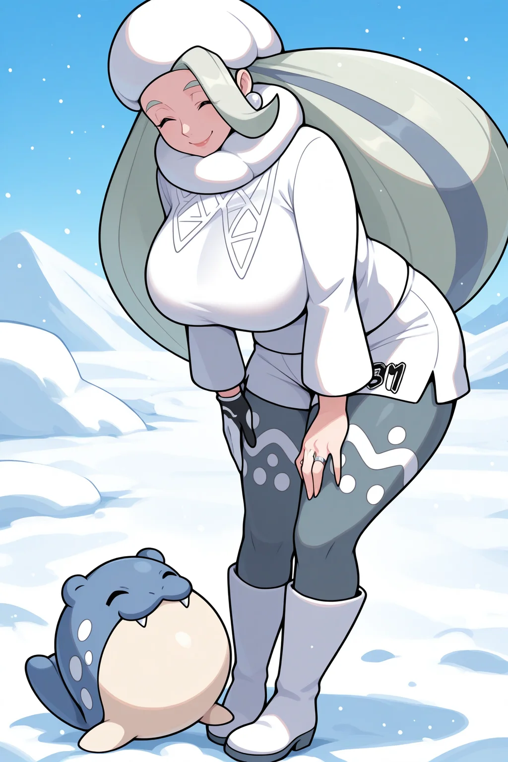 masterpiece, best quality, snow, blue sky, 1girl, <lora:pkmnmelony-illu-nvwls-v1-000006:1> m3ln, multicolored hair, very long hair, light green hair, grey hair, mature female, huge breasts, fur hat, white headwear, pearl earrings, white neck pillow, white sweater, white shorts, single glove, grey leggings, print legwear, white boots, wedding ring, curvy, leaning forward, looking down, happy, closed eyes, smile, ^_^, looking at another, from side, full body, holding PKMN_Spheal <lora:Spheal:1>