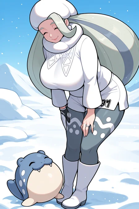 masterpiece, best quality, snow, blue sky, 1girl,  <lora:pkmnmelony-illu-nvwls-v1-000006:1> m3ln, multicolored hair, very long hair, light green hair, grey hair, mature female, huge breasts, fur hat, white headwear, pearl earrings, white neck pillow, white sweater, white shorts, single glove, grey leggings, print legwear, white boots, wedding ring, curvy, leaning forward, looking down, happy, closed eyes, smile, ^_^, looking at another, from side, full body, holding PKMN_Spheal <lora:Spheal:1>