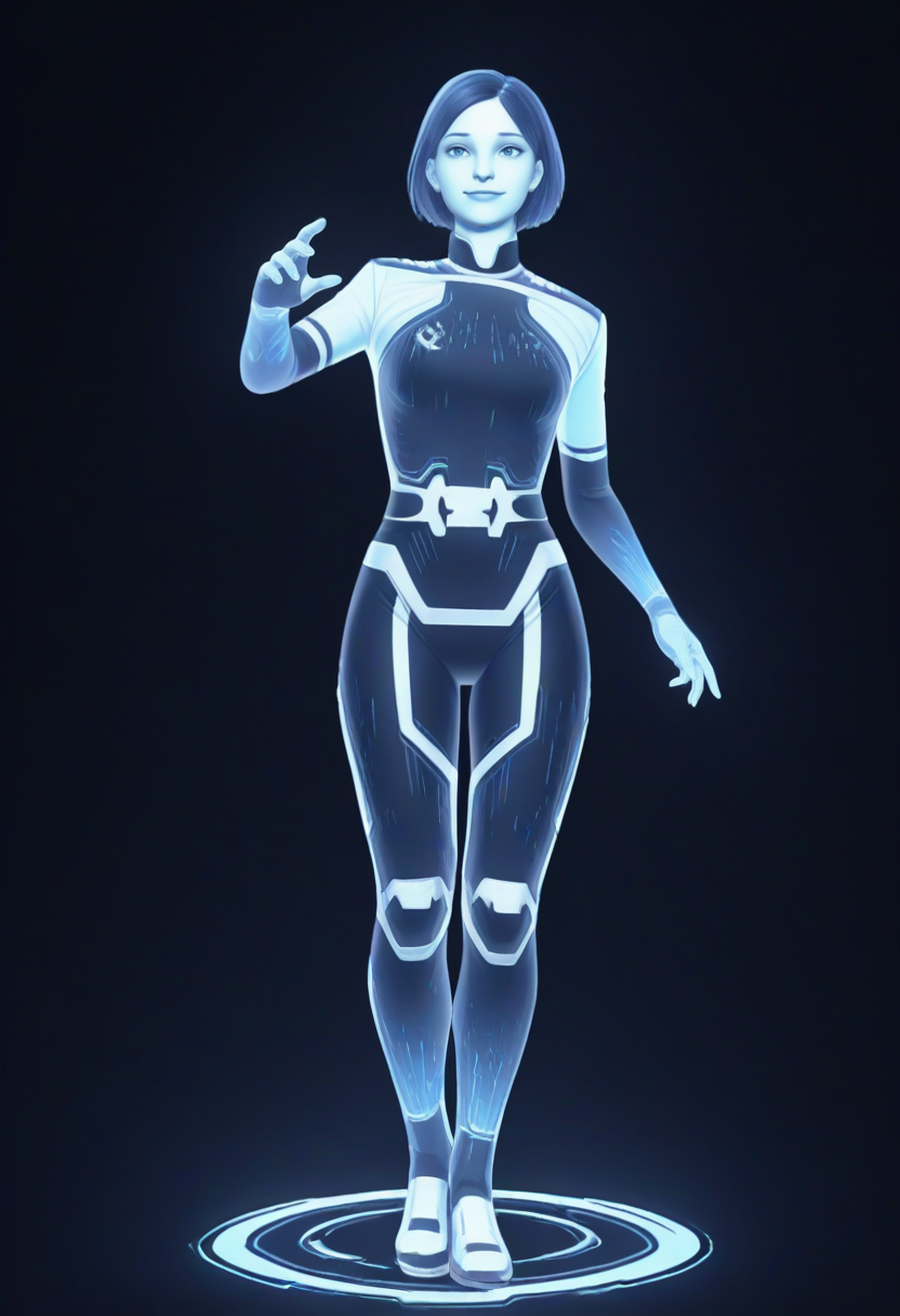 masterpiece, best quality, high quality, full body,
1girl, solo, USTheWeapon, blue skin, holographic girl,
standing, dynamic pose, 
facing viewer, looking at viewer, light smile, (parted lips:0.7),
simple background, dark background,
<lora:USTheWeaponIL:0.8>,