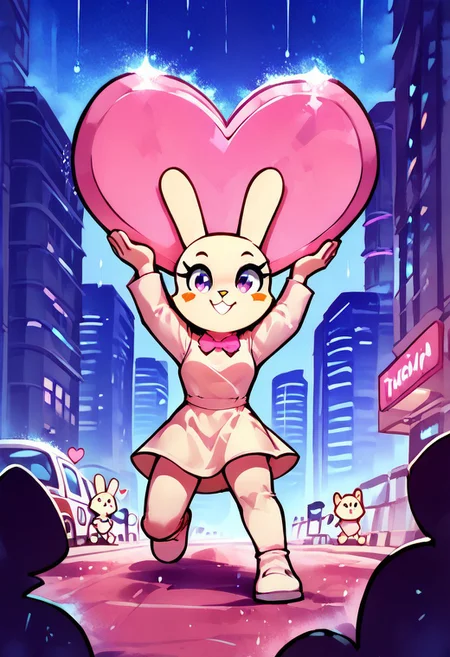 score_9, score_8_up, score_7_up 
   , masterpiece, beautiful,cute, standing, smile, crouching, 
,long shot, girl lifting giant heart,holding giant heart, arms flexed, giant red heart, arms raised, crouching, 
,TherisNaBi, Bunny girl, furry, cute, chibi, round ears down, animal nose, blush stickers,bowtie,00,Dynamic pose, cowboyshot
white long sleeves dress, dress, outdoors, night, neon lights, walking, rain,warm light style, city night,