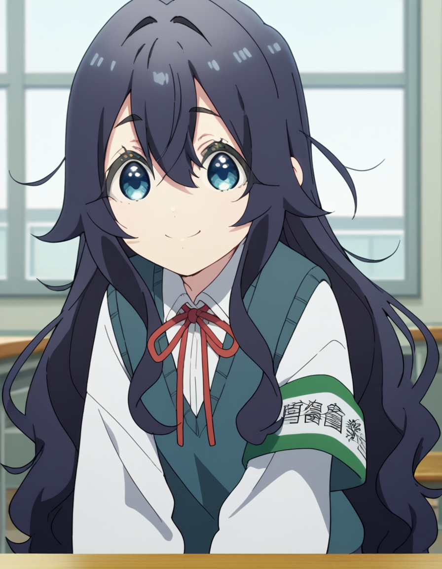 score_9, score_8_up, score_7_up, source_anime,
shizukayoshimoto, <lora:shizuka-yoshimoto-s1-ponyxl-lora-nochekaiser:1>,
shizuka yoshimoto, long hair, bangs, blue eyes, black hair, hair between eyes, wavy hair,
skirt, shirt, ribbon, school uniform, white shirt, pleated skirt, red ribbon, neck ribbon, armband, sweater vest,
indoors, classroom, bent over, smile,
looking at viewer, cowboy shot, dutch angle, solo,