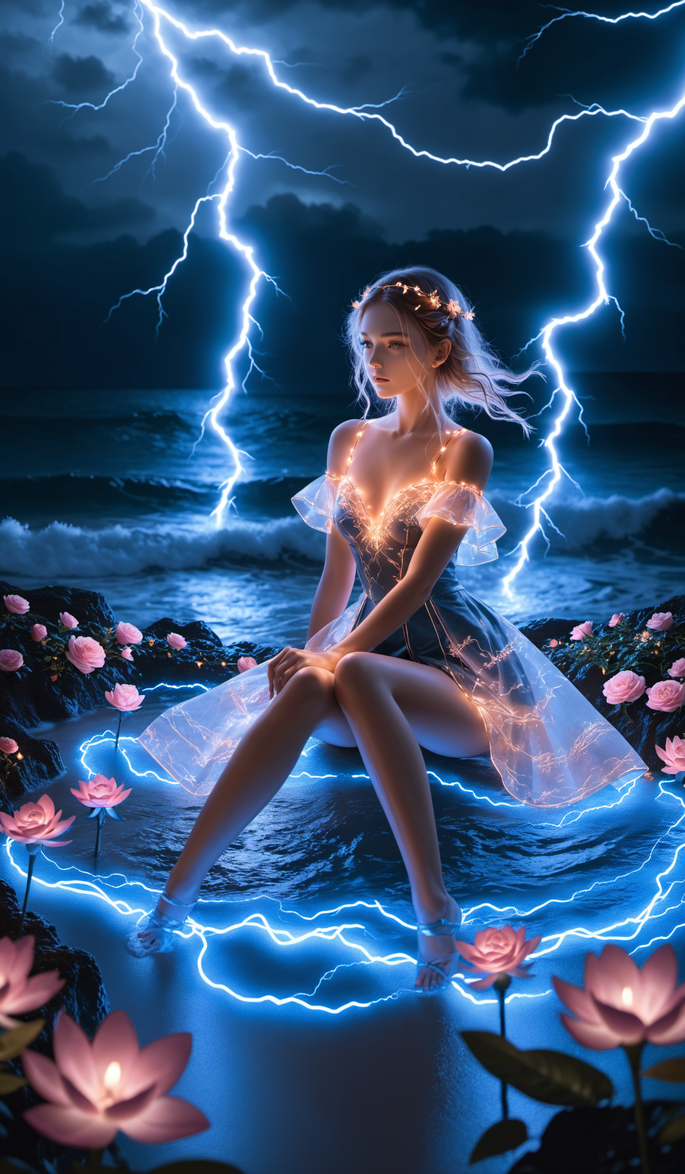 (Best quality,masterpiece,absurdres,ultra realistic:1.4),(Rococo:1.4),(close portrait:1.3),peerlessly beautiful idolmaster ,beautiful detailed eyes,(see-through_clothing),shine,glowing,sparkling,energy coalescing and vibrating,(dynamic angle,dynamic pose),whole_body,W-sitting,shy ,sad,disdainful ,Around,sex,nsfw, topless, nude,
wearing kimono,(((miniskirt))),
(skin-tight upper body clothing,  taffeta, Ocelot Print,  short sleeves, high-low hemline, high waist, convertible dress, tie closure,, snug lower body clothing, ar nano-cloth, plisse,  Regular Fit, High Waist, Embroidery Details,,Cross-Back),(glowing slightly included (si1) garnet (also a mineral), trillion cut, rose cut facets, 30.00 carat, captivating,    glowing, rose gold, solid, prolonged lifespan, clarity enhancement, antique setting, ethically sourced, antique, eclectic, industrial, achievement and success),(fields, public transportation),(yellow rocky void mica),(holographic racing emporium,  brick,Sandstone, Bioluminescent Ocean Waves,String Lights (Fairy Lights), neon lights),
(Around floating lightning:1.4)the most beautiful form of chaos,
(square:1.4),(flowers:1.4),