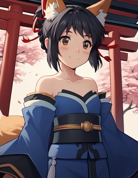 score_9, score_8_up, score_7_up, source_anime, mitsuhamiyamizu, <lora:mitsuha-miyamizu-ponyxl-lora-nochekaiser:1>, mitsuha miyamizu, black hair, brown eyes, short hair, ribbon, hair bun, hair ribbon, red ribbon,, <lora:tamamo-no-mae-cosplay-ponyxl-lora-nochekaiser:1>, tamamonomaecosplay, tamamo no mae \(cosplay\), animal ears, bare shoulders, blue kimono, blue thighhighs, detached sleeves, fox ears, fox tail, japanese clothes, kimono, obi, sash, collarbone, thighhighs, wide sleeves,, shrine, smile, blush,, cowboy shot, dutch angle, solo,