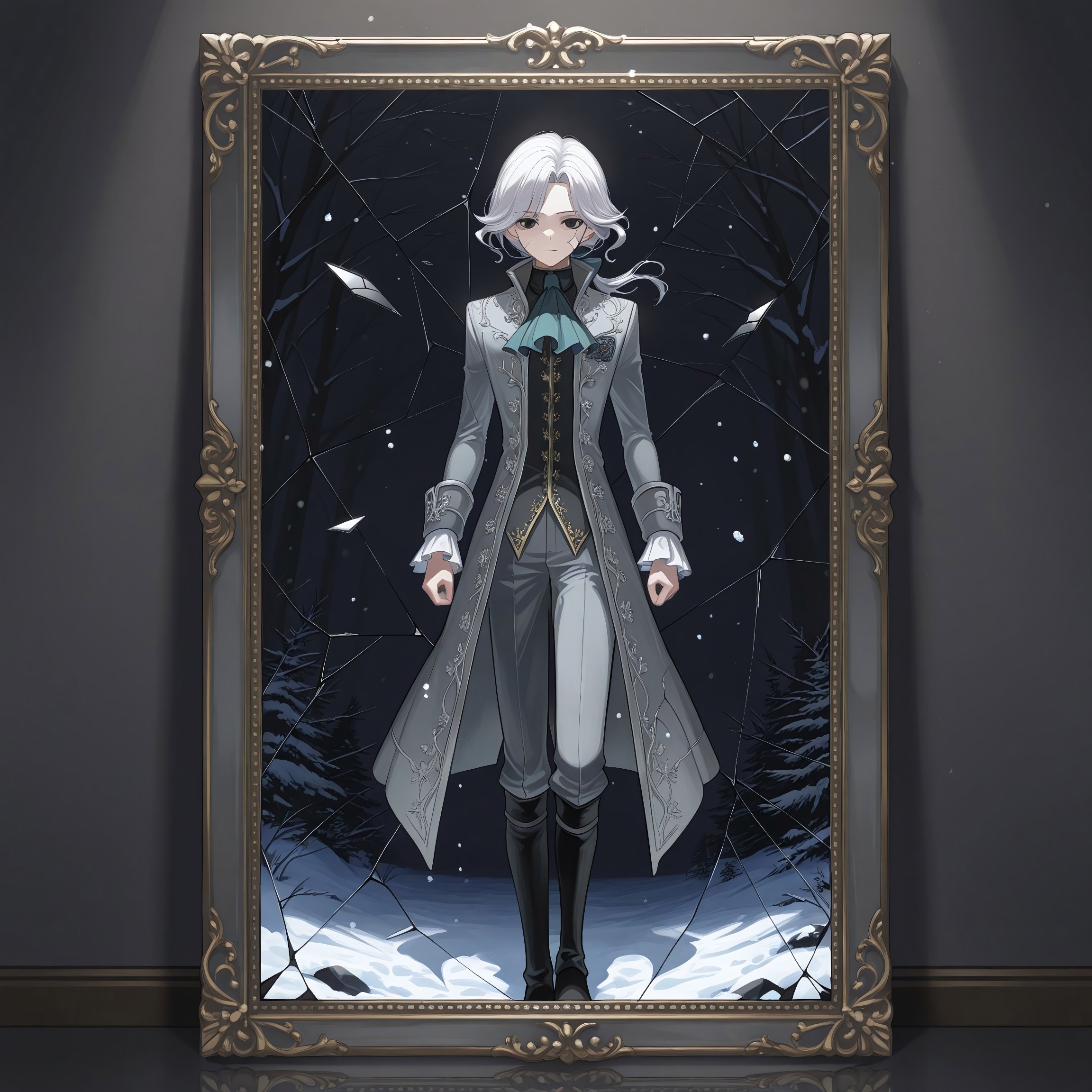 safe_pos, safe_pos, score_9, score_8_up, score_7_up, score_6_up, score_5_up, score_4_up, high quality, (handsome), (detailed eyes), (detailed face), full body, ((perfect face)), master piece, best high quality, ultra details, intricate details, male focus, detailed body, detailed background, perfect anatomy, masterpiece, high quality, best quality, amazing quality, very aesthetic,, absurdres, ((husk form)), shattered photo frame, IDV_Joseph standing in the snow, dark atmosphere, cracked face, black eyes, long white hair, gray coat