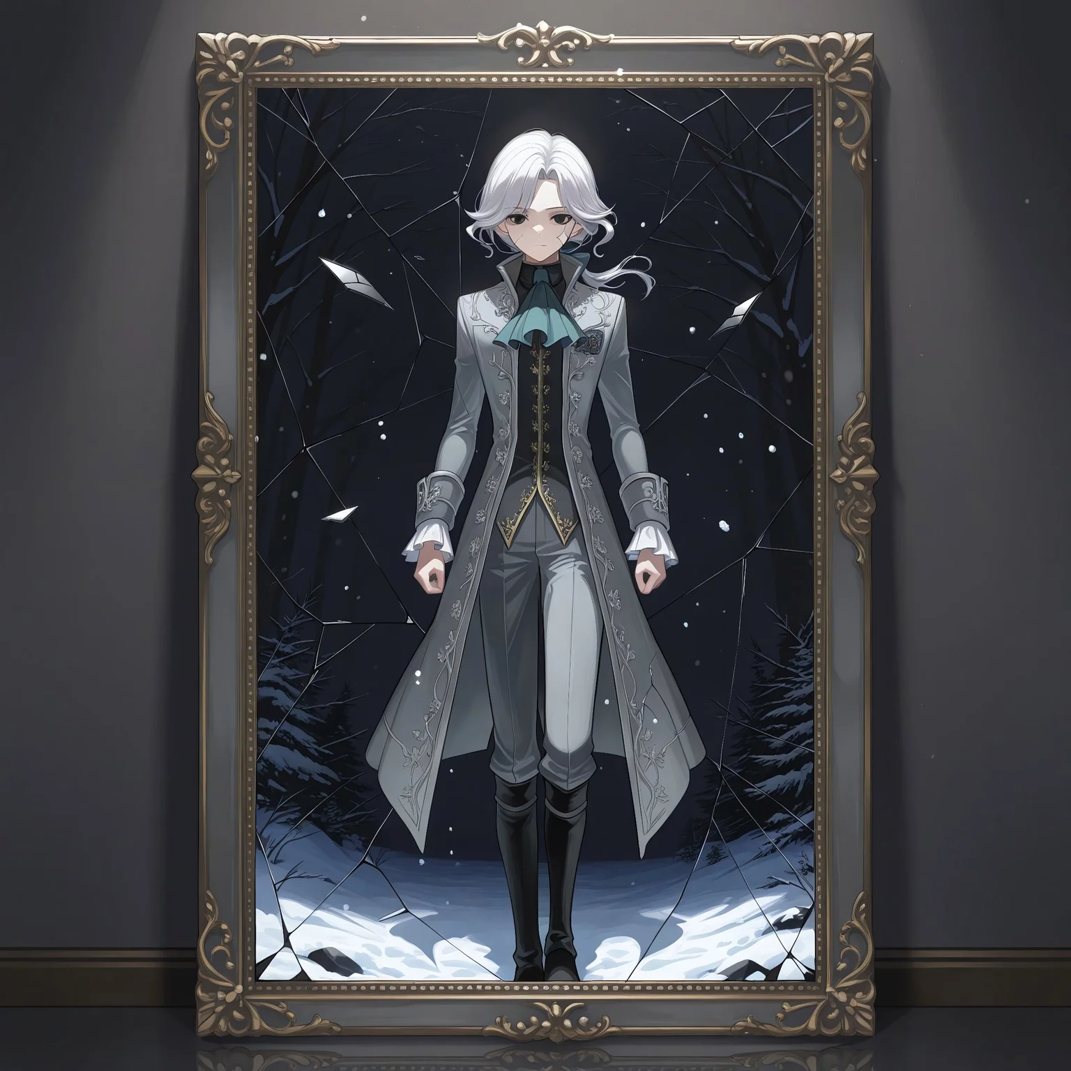 safe_pos, safe_pos, score_9, score_8_up, score_7_up, score_6_up, score_5_up, score_4_up, high quality, (handsome), (detailed eyes), (detailed face), full body, ((perfect face)), master piece, best high quality, ultra details, intricate details, male focus, detailed body, detailed background, perfect anatomy, masterpiece, high quality, best quality, amazing quality, very aesthetic,, absurdres, ((husk form)), shattered photo frame, IDV_Joseph standing in the snow, dark atmosphere, cracked face, black eyes, long white hair, gray coat