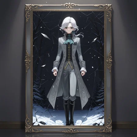 safe_pos, safe_pos, score_9, score_8_up, score_7_up, score_6_up, score_5_up, score_4_up, high quality, (handsome), (detailed eyes), (detailed face), full body, ((perfect face)), master piece, best high quality, ultra details, intricate details, male focus, detailed body, detailed background, perfect anatomy, masterpiece, high quality, best quality, amazing quality, very aesthetic,, absurdres, ((husk form)), shattered photo frame, IDV_Joseph standing in the snow, dark atmosphere, cracked face, black eyes, long white hair, gray coat