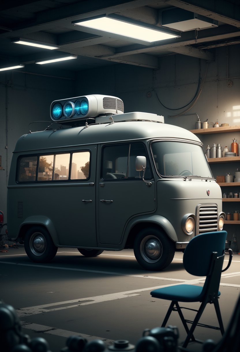 YFG-SpyWorld50s The image is a digital illustration of a vintage camper van parked inside a garage. The van is silver in color and has a sleek and modern design. It has a large window on the right side and a small door on the left side. The door is open, revealing the interior of the van. On top of the door, there is a large air conditioning unit with a blue light shining through it. The unit is mounted on the roof of the garage, and there are several lights hanging from the ceiling. The garage has a concrete floor with white lines marking the parking spaces. There is a blue chair in the foreground and a wooden shelf with various items on it in the background. The overall mood of the image is dark and mysterious.