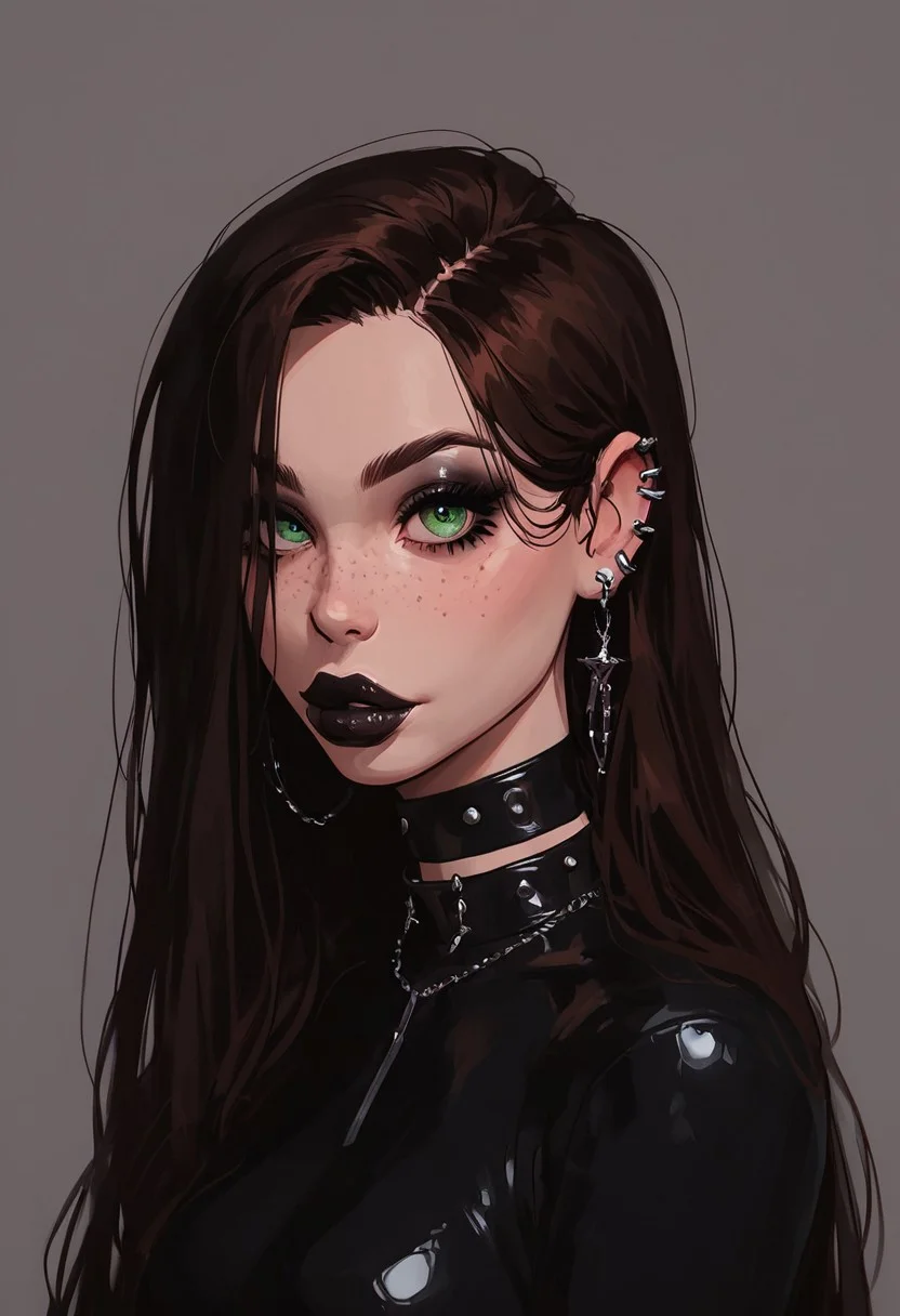 score_9, score_8_up, score_7_up, score_6_up, score_5_up, score_4_up, goth girl, gothic, egirlmake up, choker, (beautiful face, cute face, 18 years old) Expressiveh, ASCII 1 girl, brown hair, green eyes, black latex outfit, medium breasts, upper body, portrait, 4k, big lips, choker, heavy make up, black lipstip, eyeliner, long hair, freckles