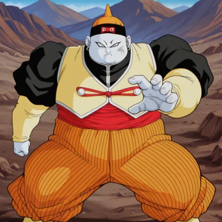 masterpiece, best quality, amazing quality, official artstyle, android19, male, humanoid, solo, white skin, bald, blue eyes, overweight, orange pointed hat, earrings, yellow vest, red sash, orange pants, white shoes, standing, serious, arm outstretched, palm out, ki blast, outdoors, dirt, mountains