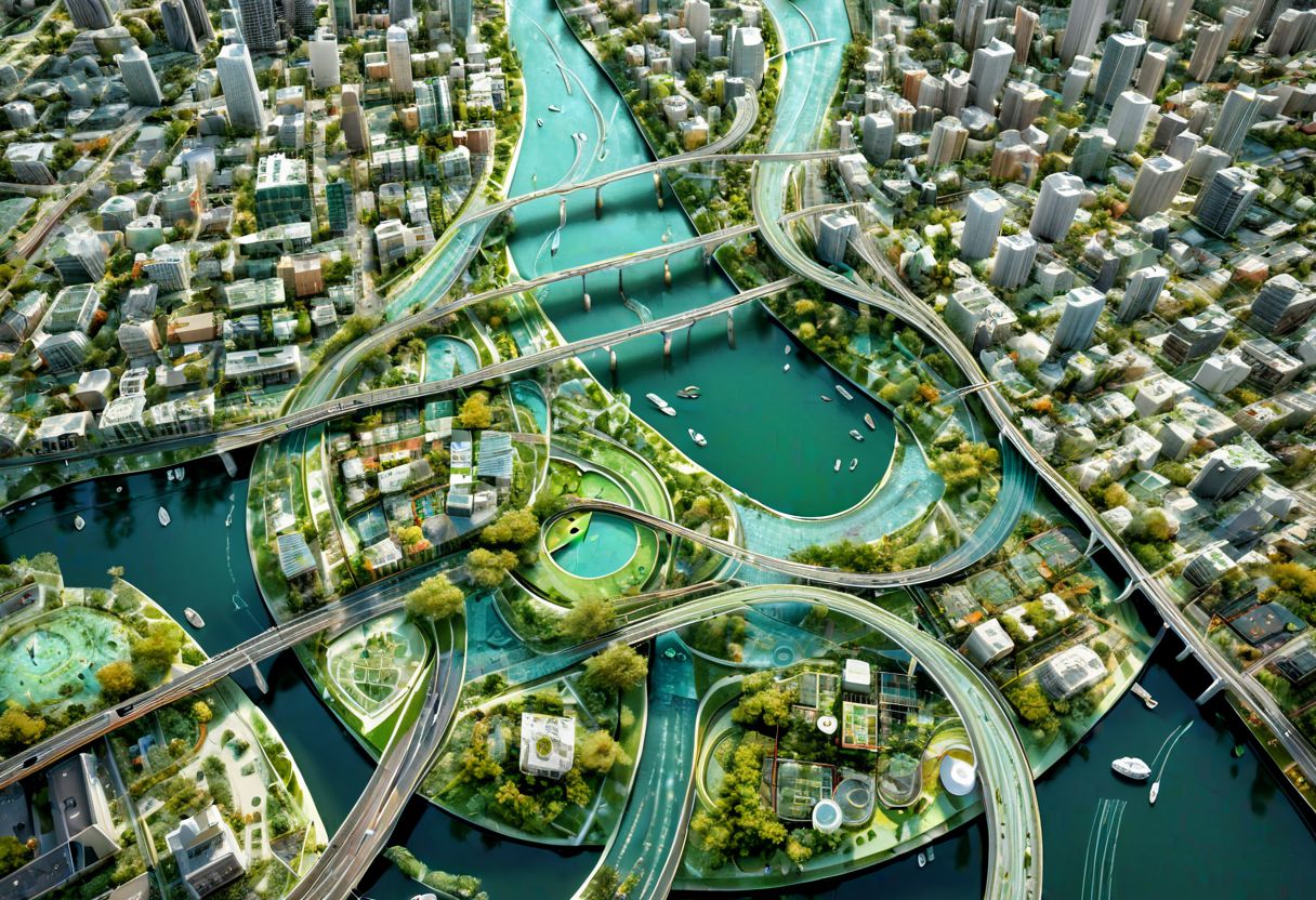artaitwn, overhead view of downtown. Green zone planning project, illustrated, perfect, cute, water effects, highways. Bridges