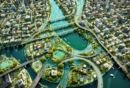 artaitwn, overhead view of downtown. Green zone planning project, illustrated, perfect, cute, water effects, highways. Bridges