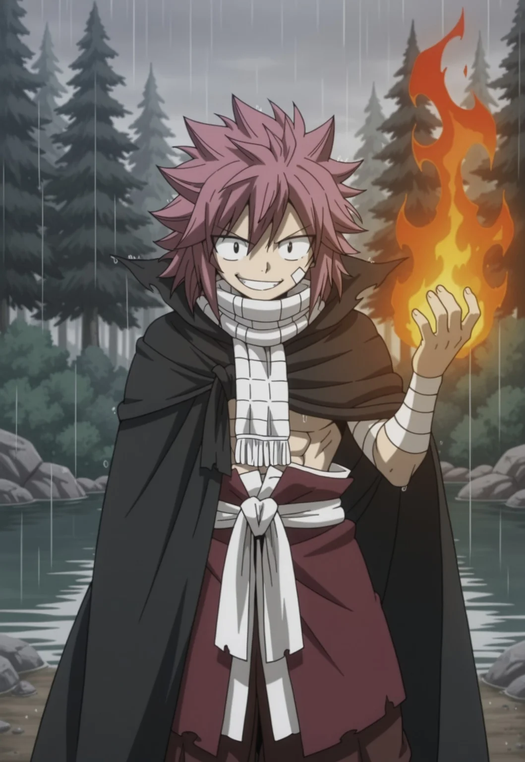 masterpiece, best quality, amazing quality, (masterpiece, best quality, absurdres, detailed,perfect quality, amazing quality, newest, ultra-detailed:1.2), extremely detailed, distortion-free, illustration, (smooth lines,),natsu Dragneel, spiked hair,medium hair, bangs, hair between the eyes, onyx eyes, pink hair,muscular_body, shinny body, shinny skin, anime screencap, anime coloring,white_scarf, bandages, cloak, white_sash,brown_pants, black_cape,hood, Relaxed posture, one hand up, fire magic, smiling,1man, solo, Forest, water, rain, steam