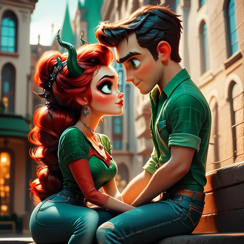 Score_9, score_8_up, score_7_up, score_6_up, BREAK <lora:3D_Fairytales_r2:1> 3D Fairytales, The image shows a boy and a girl sitting on top of a building with the boy wearing a green shirt and the girl wearing a red dress. The background is blurred giving the image an animated feel., 1girl, 1boy, jewelry, looking at another, eye contact, horns, shirt, sitting, denim, red hair