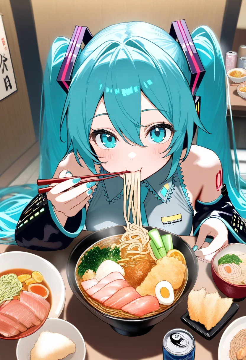 1girl, hatsune miku, vocaloid, sensitive, blue eyes, blue hair, bowl, can, chopsticks, collared shirt, detached sleeves, eating, elbow rest, fish \(food\), food, holding, holding chopsticks, katsudon \(food\), long hair, long sleeves, looking at viewer, meal, nail polish, necktie, noodles, onigiri, solo, plate, ramen, sashimi, shirt, shrimp, shrimp tempura, sleeveless shirt, spring onion, tempura, twintails, masterpiece, high score, great score, absurdres