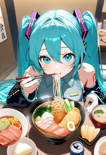 1girl, hatsune miku, vocaloid, sensitive, blue eyes, blue hair, bowl, can, chopsticks, collared shirt, detached sleeves, eating, elbow rest, fish \(food\), food, holding, holding chopsticks, katsudon \(food\), long hair, long sleeves, looking at viewer, meal, nail polish, necktie, noodles, onigiri, solo, plate, ramen, sashimi, shirt, shrimp, shrimp tempura, sleeveless shirt, spring onion, tempura, twintails, masterpiece, high score, great score, absurdres