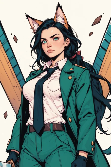 1girl, solo, animal ears, long hair, weapon, black hair, holding, holding weapon, sword, shirt, white shirt, holding sword, pants, necktie, jacket, gloves, black gloves, open clothes, collared shirt, long sleeves, braid, black necktie, closed mouth, fox ears, coat, animal ear fluff, breasts, green jacket, open jacket, a_Comic_Illustration, rough lines with ink, (drawn:1.1), (sketch:1.5), (crosshatching:1.25), (comic style:1.1), graphic novel style, sharp lines, hires, zstyle, (western comics \(style\):1.1), (hatching \(texture\):1.2), zPDXL, Mr_Monster_Possitive, <lora:Expressive_H:0.5>, score_9, score_8_up, score_8_up,