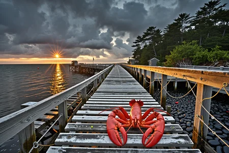 A professional landscape photography  Along a sunrise fishing pier in Maine where lobster traps line weathered boards and a lone palm stands unexpectedly, At afternoon drizzle, (rain beads:1.13) palm fronds drip, deck gray, water hums beneath. ,, Masterpiece,best quality,realistic,HDR, 8K, masterpiece, absurdres, highly aesthetic,realistic anatomy,focus on realism and natural details, fine details